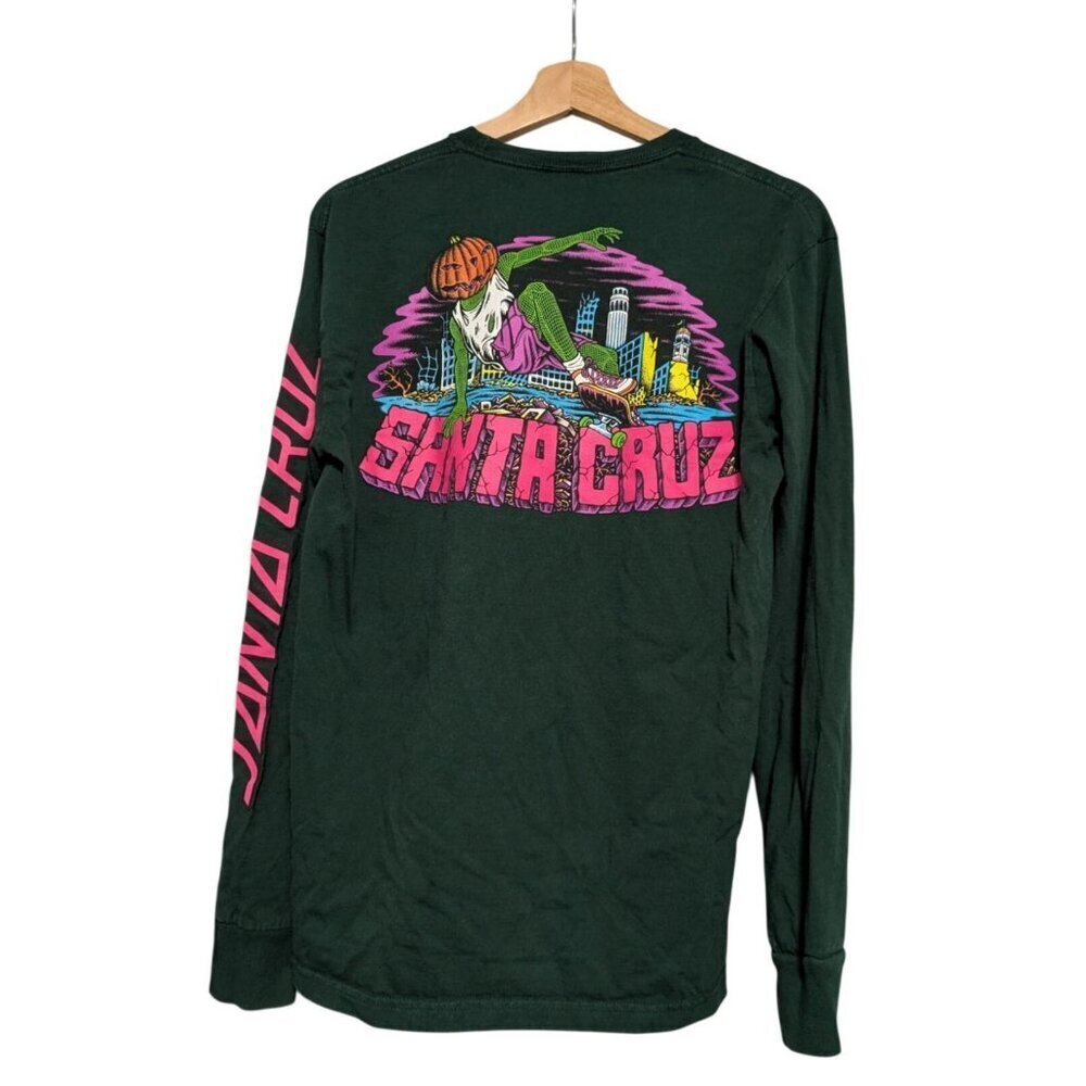 Santa Cruz Skateboard Pumpkin Graphic Long Sleeve Shirt Spellout Green Size M